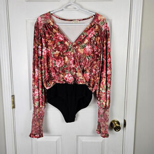 Peach Love Crushed Velvet Floral Bodysuit Size L Fairycore Gothcore Cottage